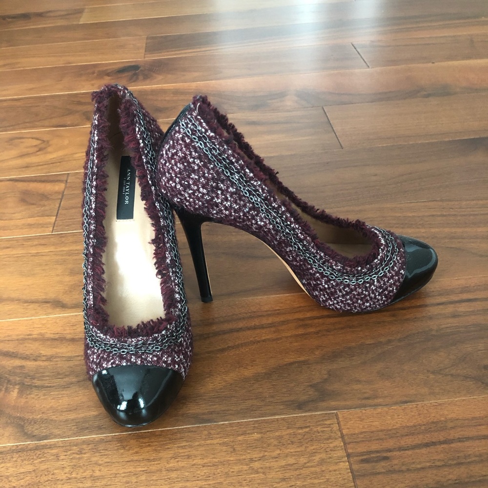 Ann Taylor Patent Leather Cap Toe Tweed Pumps